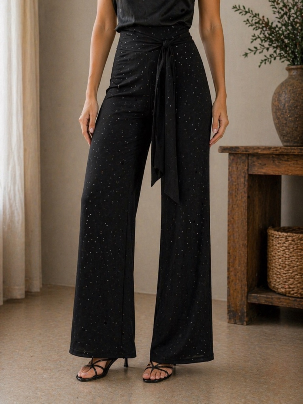 Clara Sun Woo Black Wide-Leg High-Waist Tie-Front Pants with Sparkle